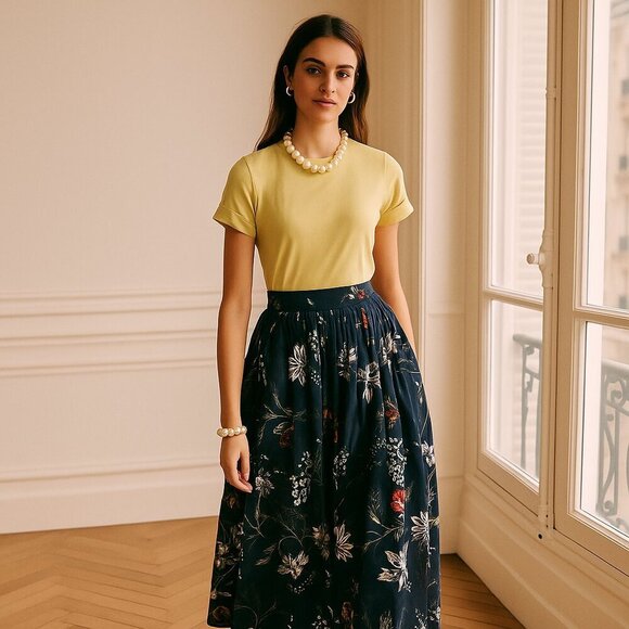Dries Van Noten Dresses & Skirts - Dries Van Noten Aline Midi Skirt Floral Cotton Voile Deep Ocean Blue